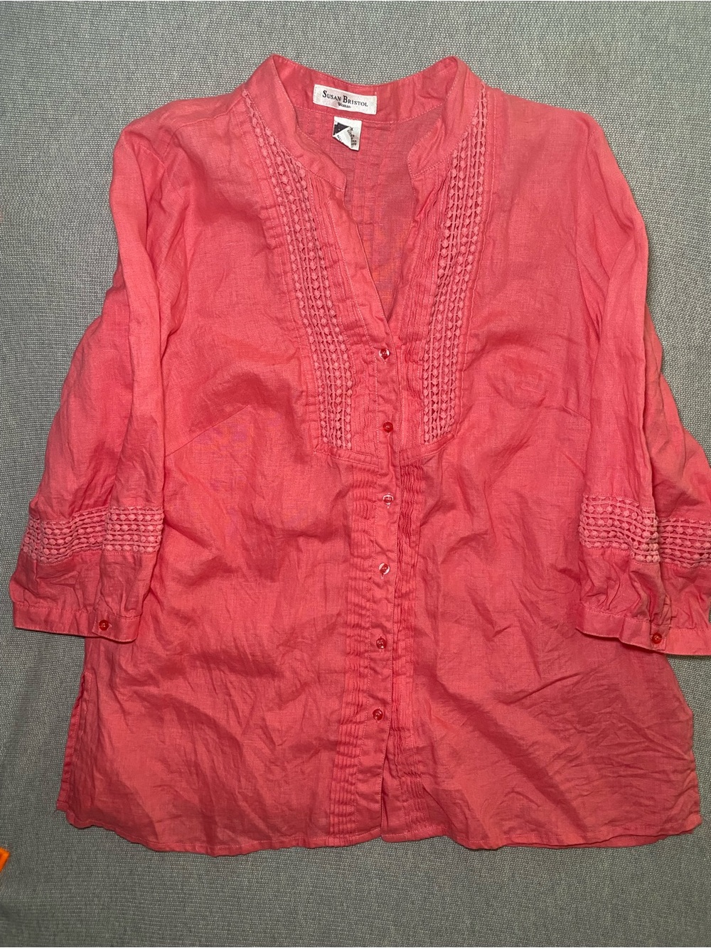 Susan Bristol Linen Pintuck Lace Top Button Up Front Coral 3/4 Sleeves Sz 1X